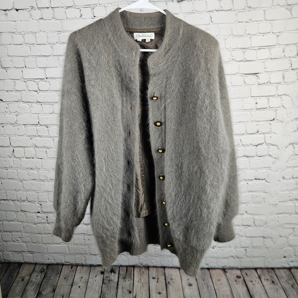 Belldini Vintage Angora Rabbit Hair Cardigan Lined Fuzzy Sweater Taupe Small